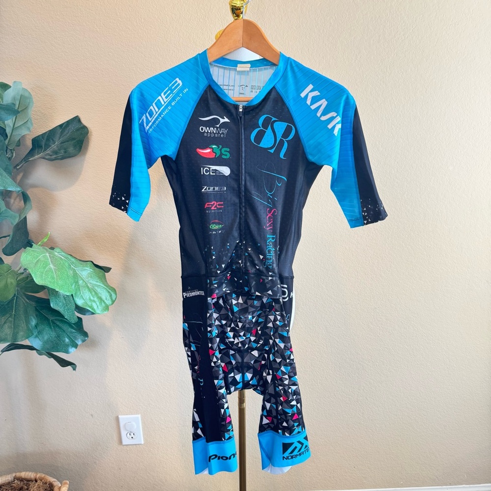 Onway Women’s Race Cut Tri Suit Sz Small Short Sleeve Triathlon Blue Geometric